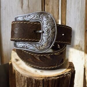 Red River Outfitters Western Belt Kids Brown Tooled Leather Cowboy Cowgirl Sz 22